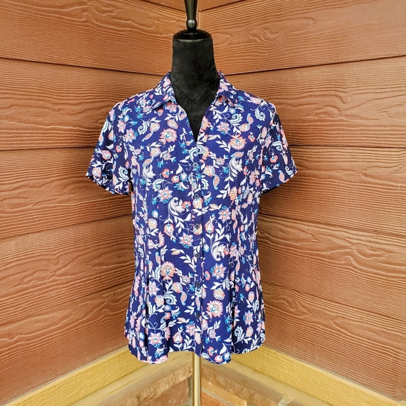 Dana Buchman Floral Short Sleeve Button Down Shirt Women's Size Medium NWOT - Picture 1 of 16